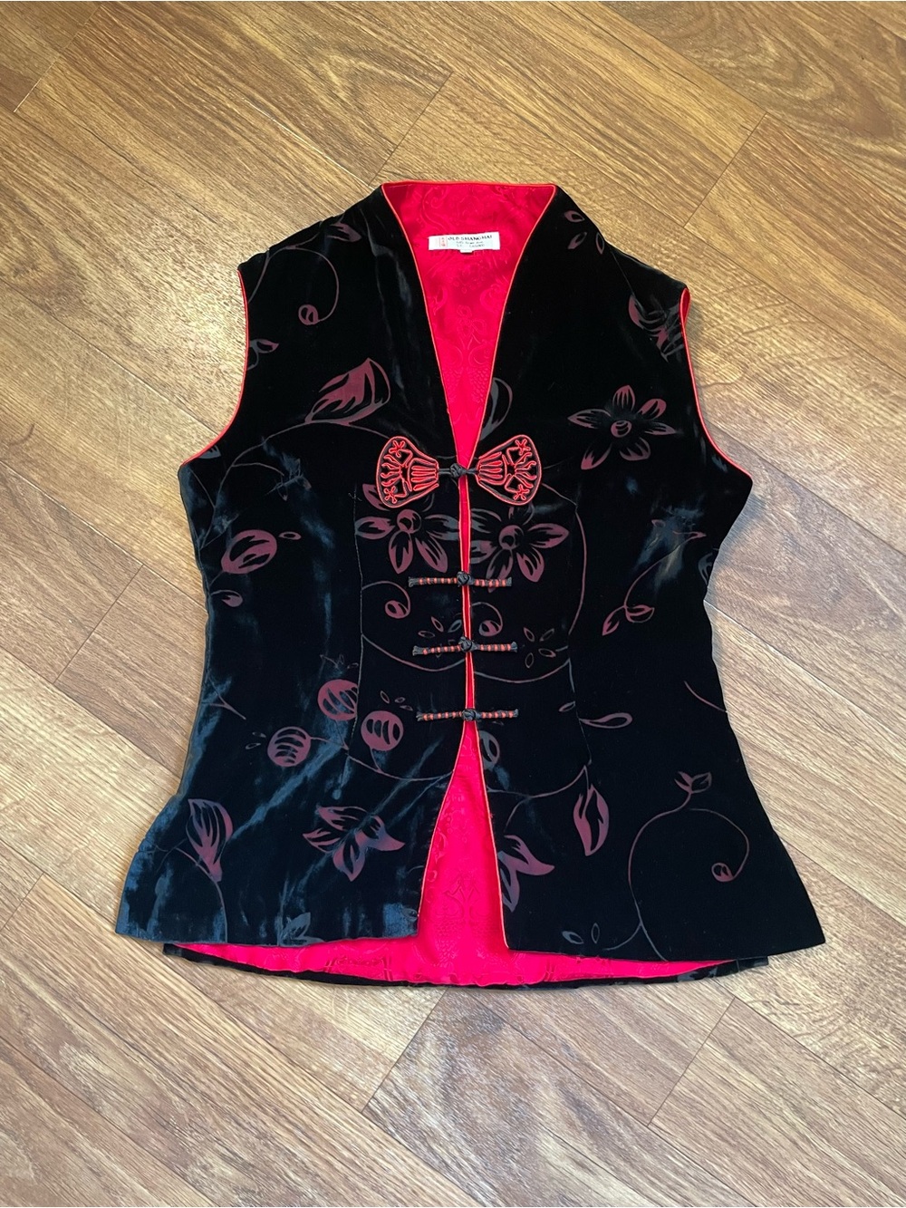 Vintage Shanghai Chinese Silk Velvet Frog Closure Vest Black Red Floral Large